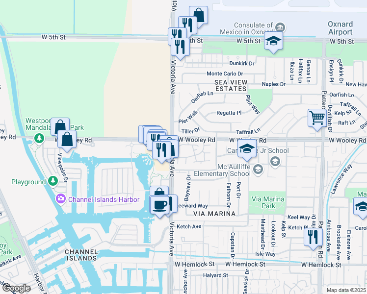 map of restaurants, bars, coffee shops, grocery stores, and more near 3732 Via Pacifica Walk in Oxnard