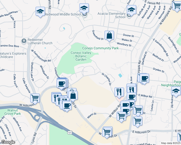 map of restaurants, bars, coffee shops, grocery stores, and more near 254 Sequoia Court in Thousand Oaks