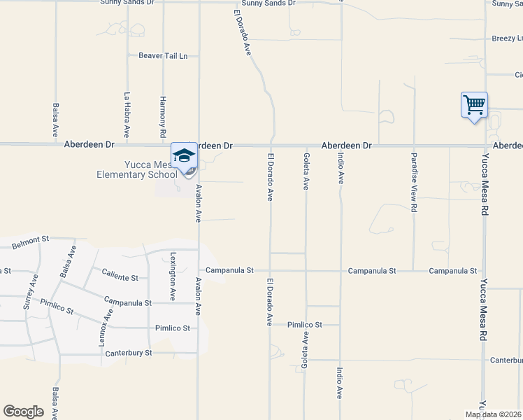 map of restaurants, bars, coffee shops, grocery stores, and more near 3484 El Dorado Avenue in Yucca Valley