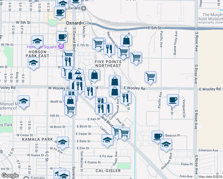 map of restaurants, bars, coffee shops, grocery stores, and more near 1120 Industrial Avenue in Oxnard