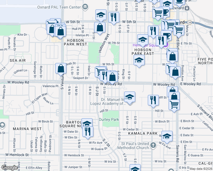 map of restaurants, bars, coffee shops, grocery stores, and more near 932 West Wooley Road in Oxnard