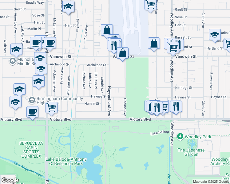 map of restaurants, bars, coffee shops, grocery stores, and more near 6540 Hayvenhurst Avenue in Los Angeles