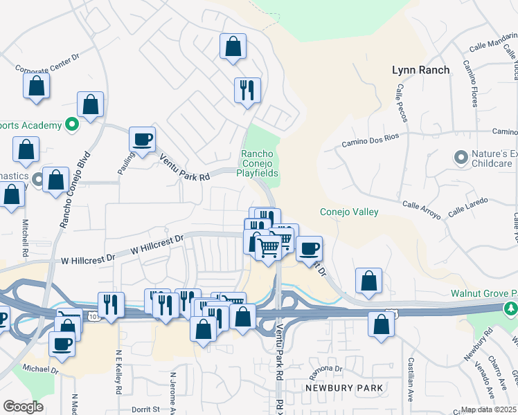 map of restaurants, bars, coffee shops, grocery stores, and more near 1573 Glenbrock Lane in Thousand Oaks