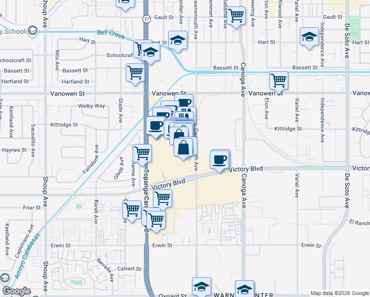 map of restaurants, bars, coffee shops, grocery stores, and more near 6600 California 27 in Los Angeles