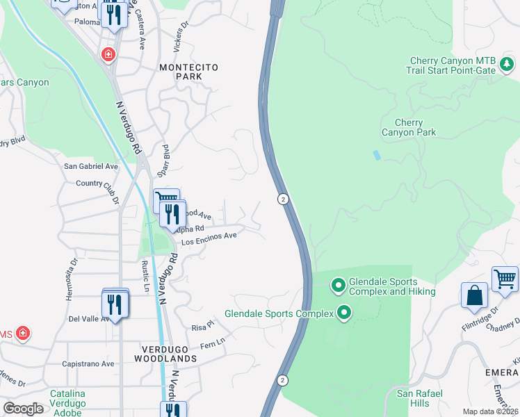 map of restaurants, bars, coffee shops, grocery stores, and more near 1935 Alpha Road in Glendale