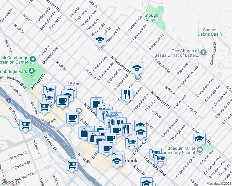 map of restaurants, bars, coffee shops, grocery stores, and more near 620 North 6th Street in Burbank