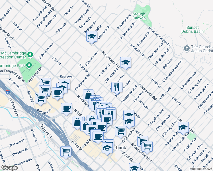 map of restaurants, bars, coffee shops, grocery stores, and more near 620 North 6th Street in Burbank
