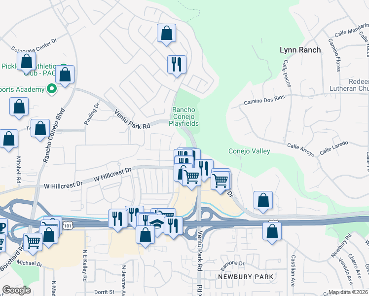 map of restaurants, bars, coffee shops, grocery stores, and more near 1573 Glenbrock Lane in Thousand Oaks