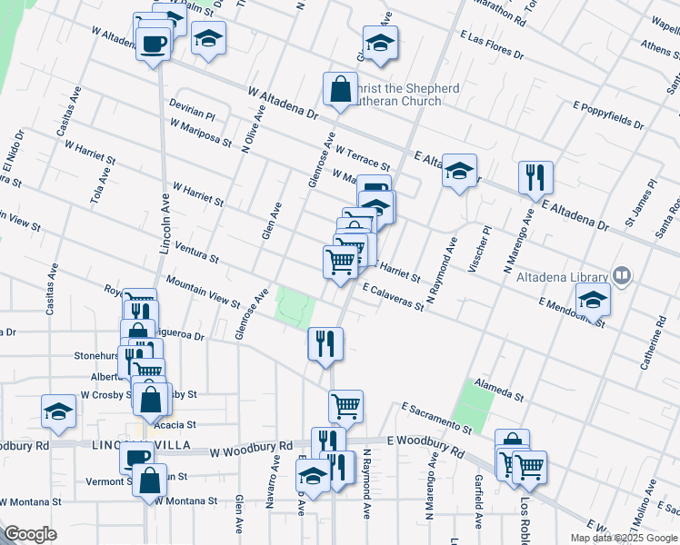 map of restaurants, bars, coffee shops, grocery stores, and more near 2572 La Fiesta Avenue in Altadena