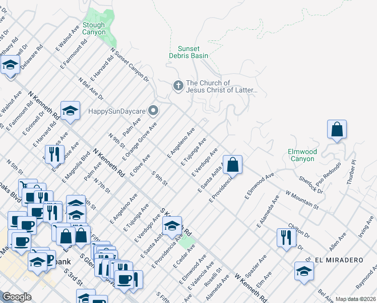 map of restaurants, bars, coffee shops, grocery stores, and more near 1030 East Tujunga Avenue in Burbank