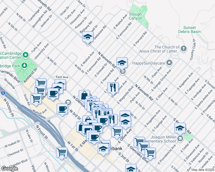 map of restaurants, bars, coffee shops, grocery stores, and more near 620 East Cypress Avenue in Burbank