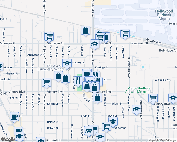 map of restaurants, bars, coffee shops, grocery stores, and more near 6539 Vineland Avenue in Los Angeles