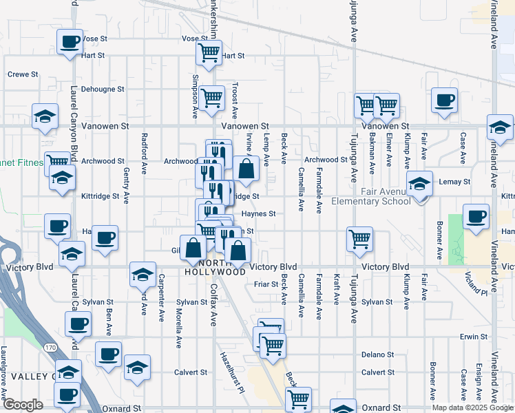 map of restaurants, bars, coffee shops, grocery stores, and more near 11601 Haynes Street in Los Angeles