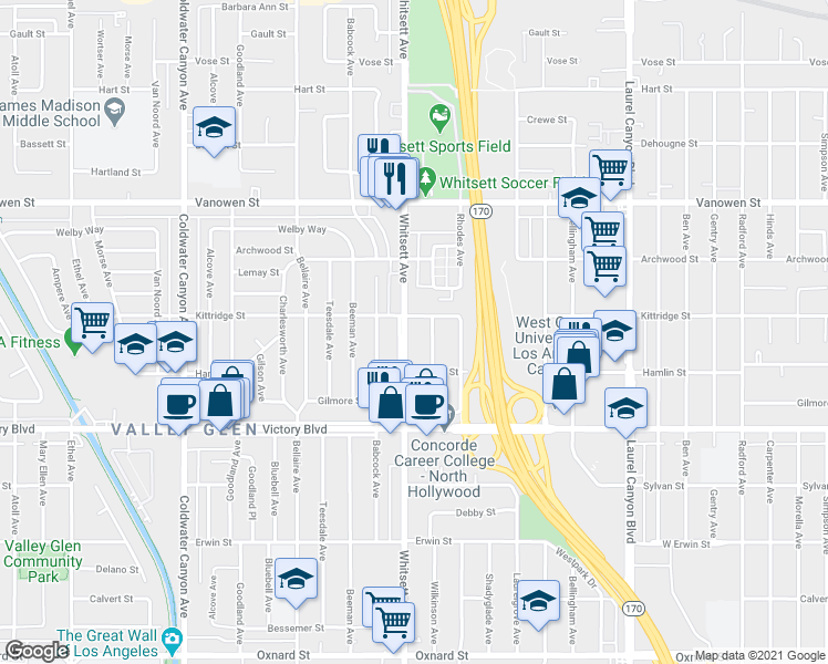 map of restaurants, bars, coffee shops, grocery stores, and more near 6533 Whitsett Avenue in Los Angeles