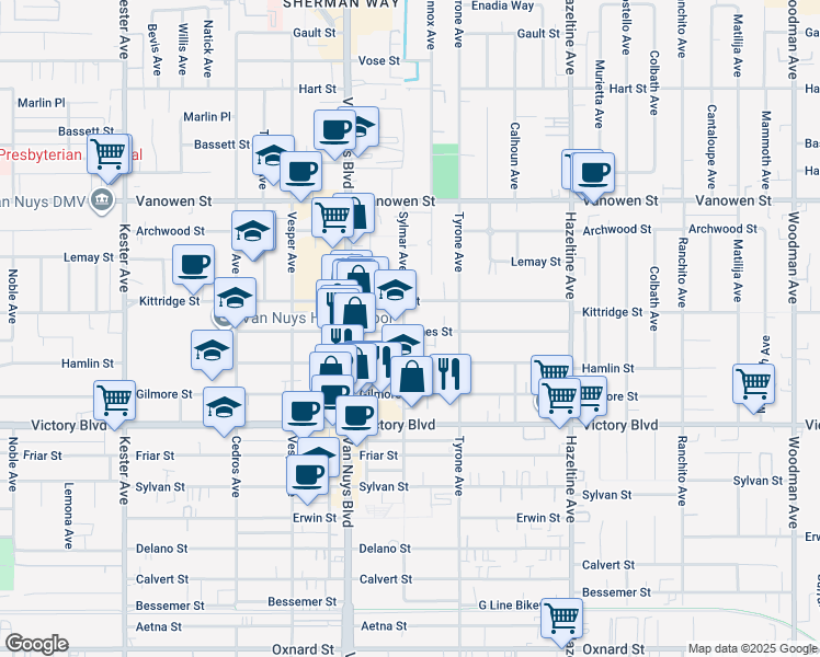 map of restaurants, bars, coffee shops, grocery stores, and more near 14348 Haynes Street in Los Angeles