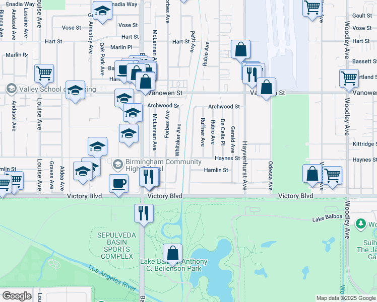 map of restaurants, bars, coffee shops, grocery stores, and more near 6525 Petit Avenue in Los Angeles