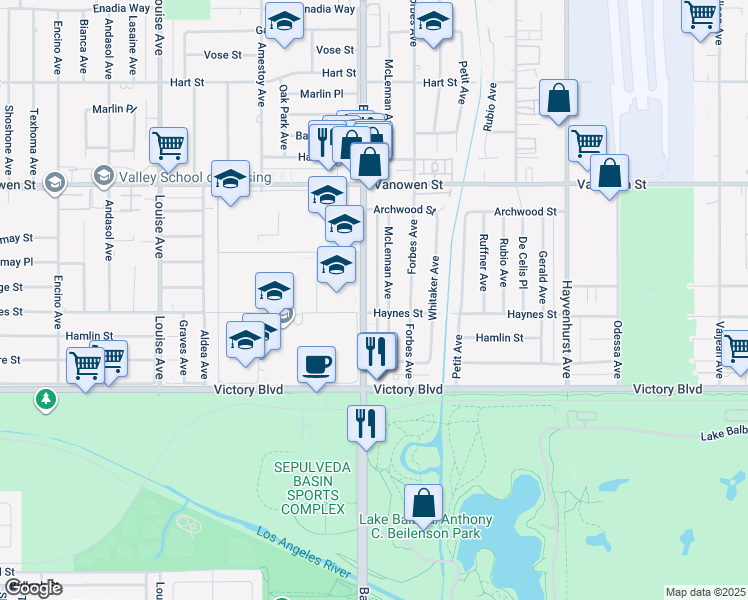 map of restaurants, bars, coffee shops, grocery stores, and more near 6524 McLennan Avenue in Los Angeles