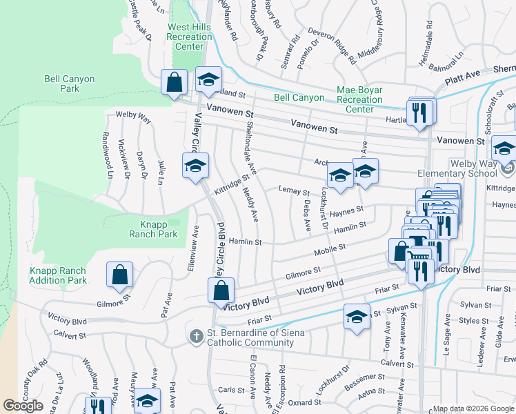 map of restaurants, bars, coffee shops, grocery stores, and more near 6546 Neddy Avenue in Los Angeles