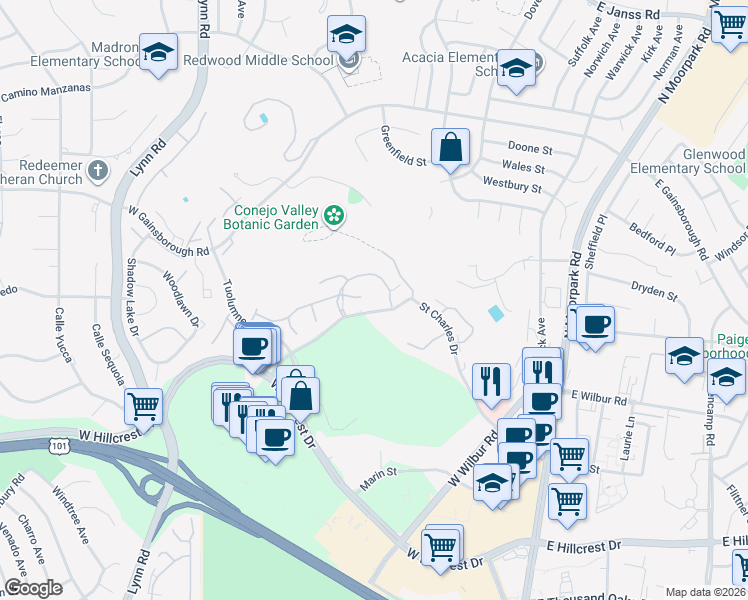 map of restaurants, bars, coffee shops, grocery stores, and more near 105 McCloud Avenue in Thousand Oaks