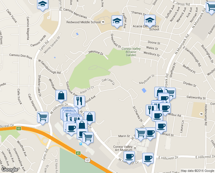 map of restaurants, bars, coffee shops, grocery stores, and more near 105 McCloud Avenue in Thousand Oaks