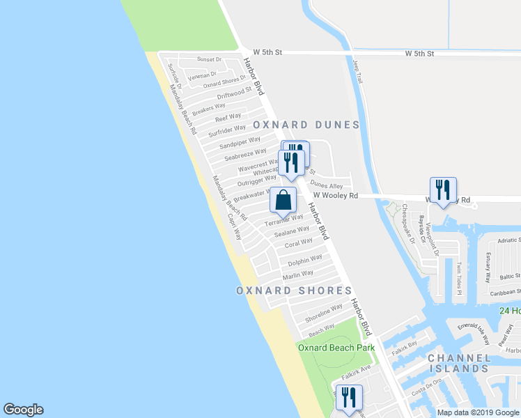 map of restaurants, bars, coffee shops, grocery stores, and more near 5150 Moonstone Way in Oxnard