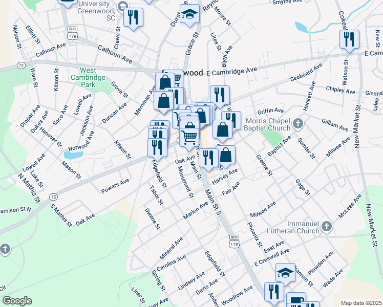 map of restaurants, bars, coffee shops, grocery stores, and more near 109 Oak Avenue in Greenwood