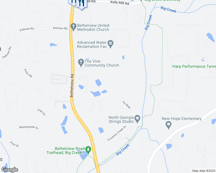 map of restaurants, bars, coffee shops, grocery stores, and more near 4935 Bergen Court in Cumming