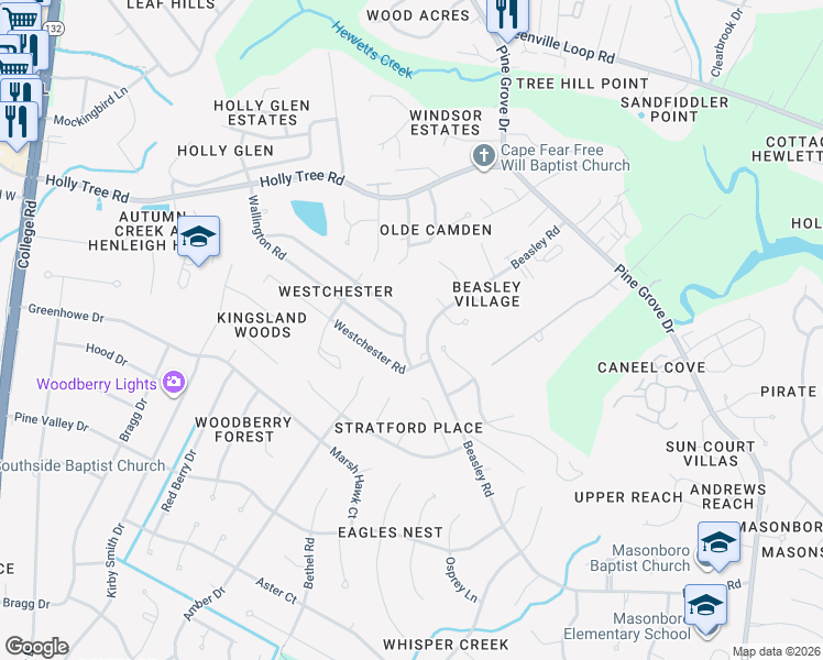 map of restaurants, bars, coffee shops, grocery stores, and more near 632-658 Beasley Rd in Wilmington
