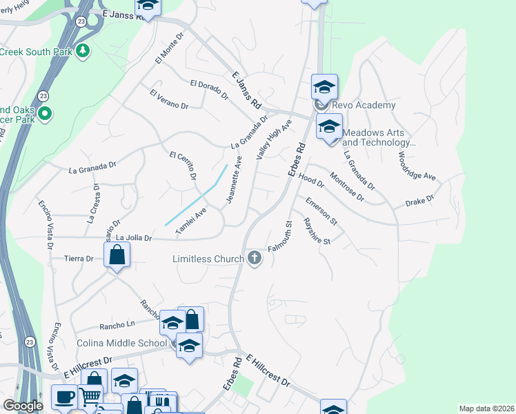 map of restaurants, bars, coffee shops, grocery stores, and more near 1751 Tubbs Street in Thousand Oaks