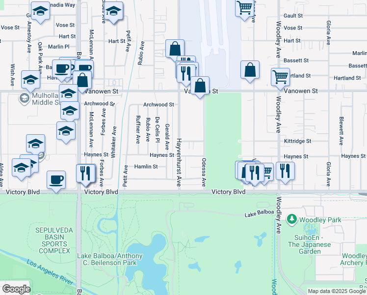 map of restaurants, bars, coffee shops, grocery stores, and more near 6540 Hayvenhurst Avenue in Los Angeles