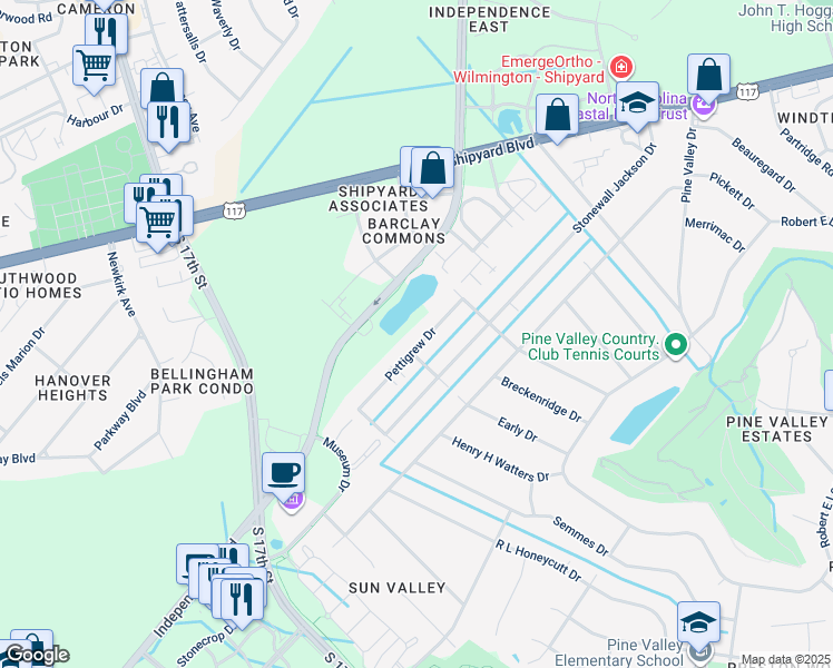 map of restaurants, bars, coffee shops, grocery stores, and more near 326 Pettigrew Drive in Wilmington