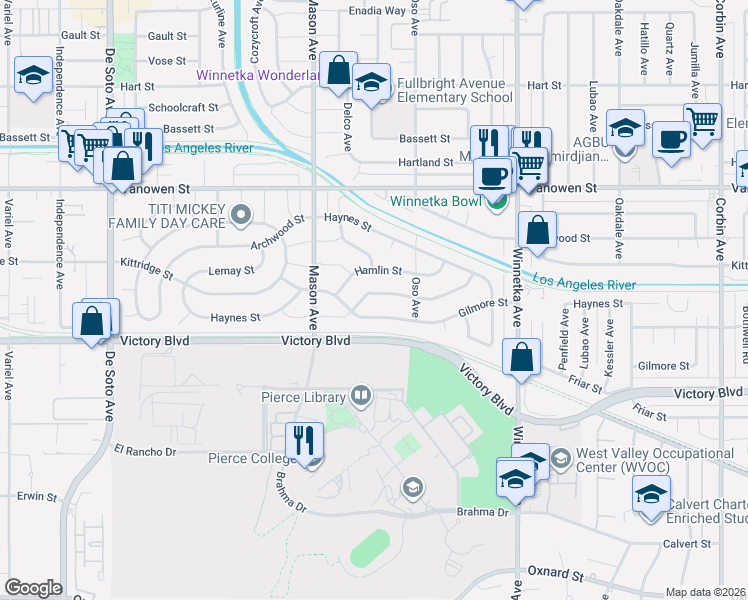map of restaurants, bars, coffee shops, grocery stores, and more near 20333 Gilmore Street in Los Angeles