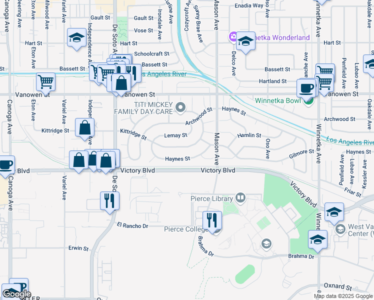 map of restaurants, bars, coffee shops, grocery stores, and more near 20615 Haynes Street in Los Angeles