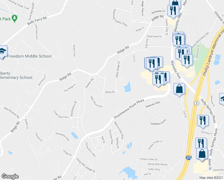 map of restaurants, bars, coffee shops, grocery stores, and more near 605 Dena Drive in Canton