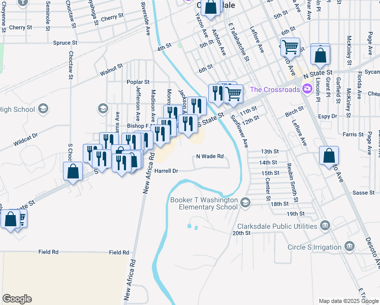 map of restaurants, bars, coffee shops, grocery stores, and more near 391 North Wade Drive in Clarksdale