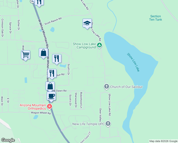 map of restaurants, bars, coffee shops, grocery stores, and more near 5455 Red Squirrel Lane in Navajo County