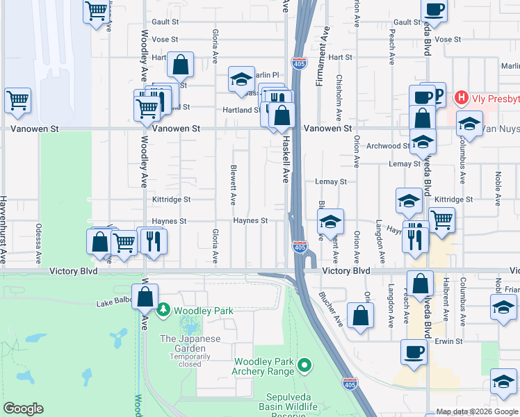 map of restaurants, bars, coffee shops, grocery stores, and more near 15727 Haynes Street in Los Angeles