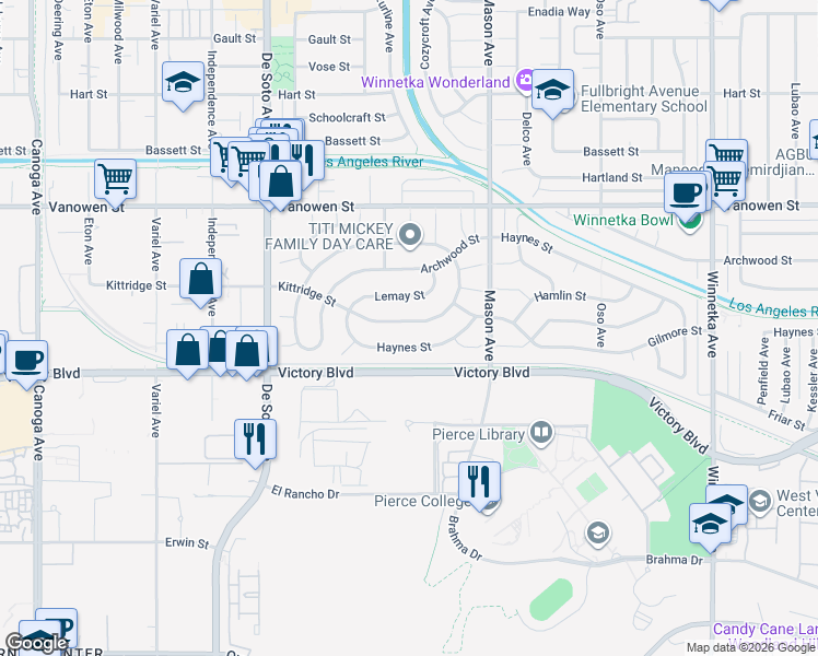 map of restaurants, bars, coffee shops, grocery stores, and more near 20624 Kittridge Street in Los Angeles