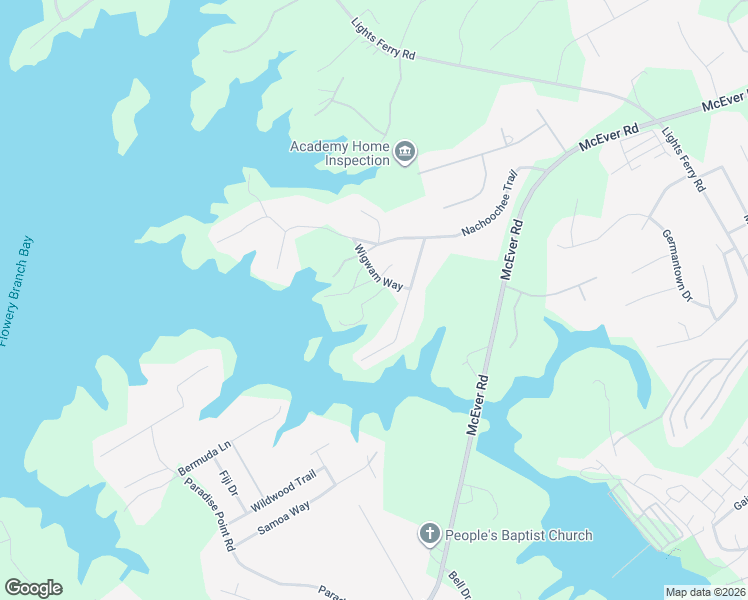 map of restaurants, bars, coffee shops, grocery stores, and more near 5990 Wigwam Way in Flowery Branch