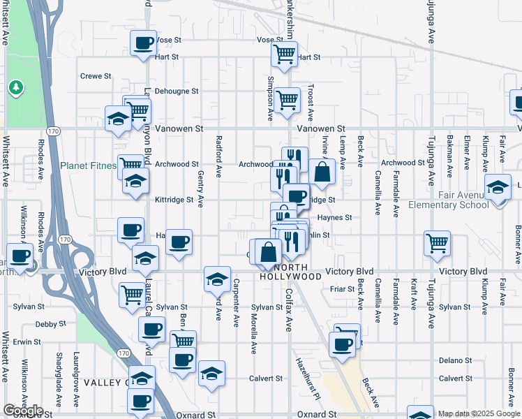 map of restaurants, bars, coffee shops, grocery stores, and more near 11750 Kittridge Street in Los Angeles