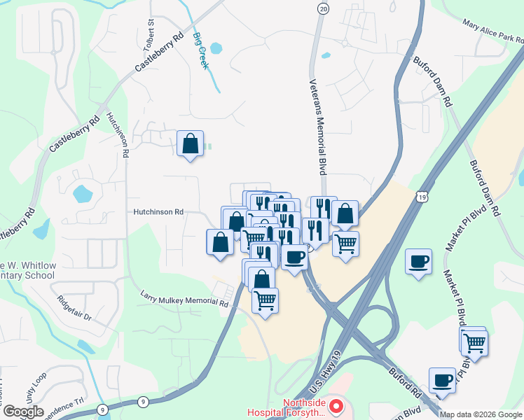 map of restaurants, bars, coffee shops, grocery stores, and more near 370 Azalea Circle in Cumming