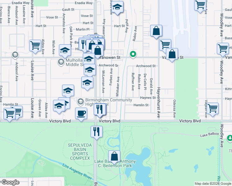 map of restaurants, bars, coffee shops, grocery stores, and more near 6547 Whitaker Avenue in Los Angeles