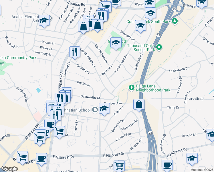 map of restaurants, bars, coffee shops, grocery stores, and more near 557 East Gainsborough Road in Thousand Oaks