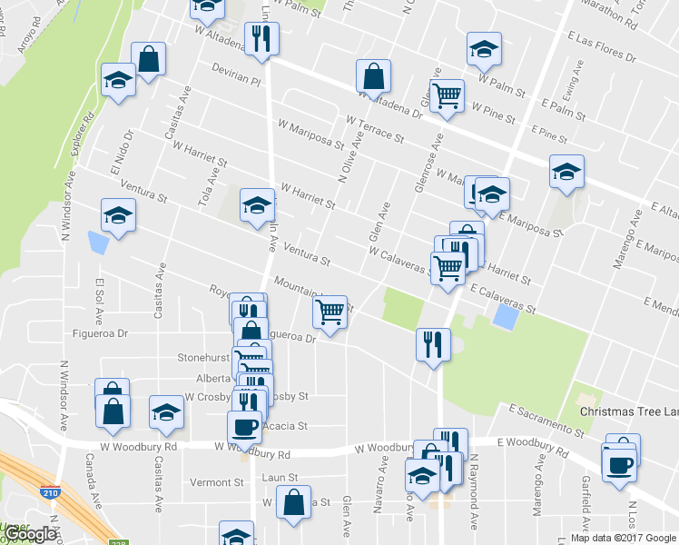 map of restaurants, bars, coffee shops, grocery stores, and more near 260 Ventura Street in Altadena