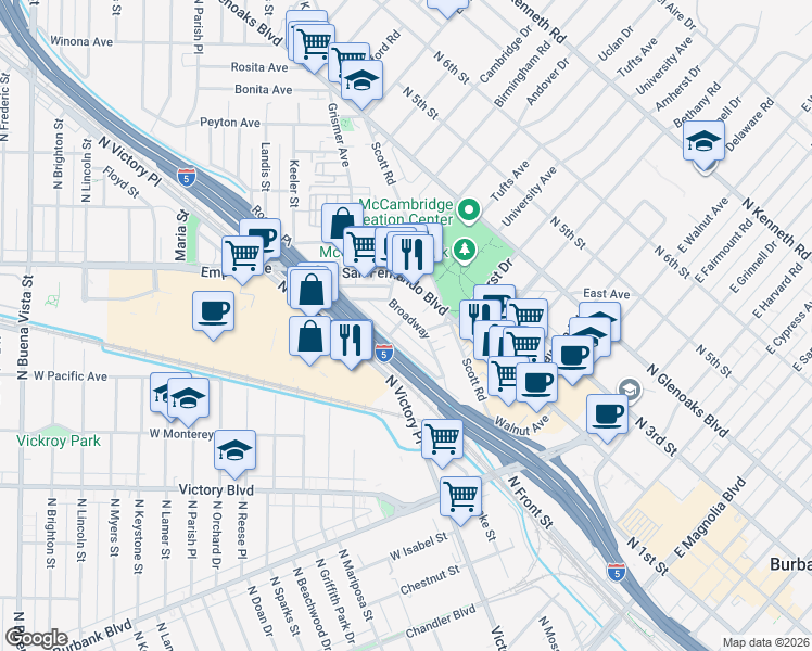 map of restaurants, bars, coffee shops, grocery stores, and more near 1401 Broadway in Burbank