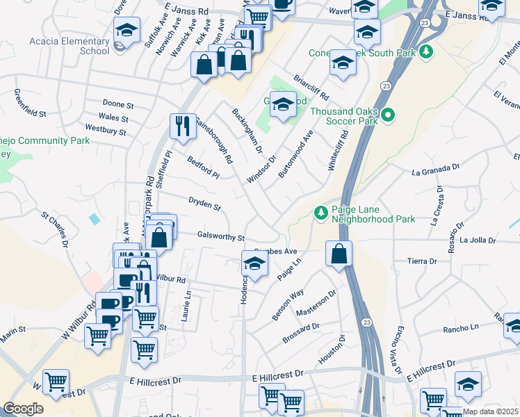 map of restaurants, bars, coffee shops, grocery stores, and more near 557 East Gainsborough Road in Thousand Oaks