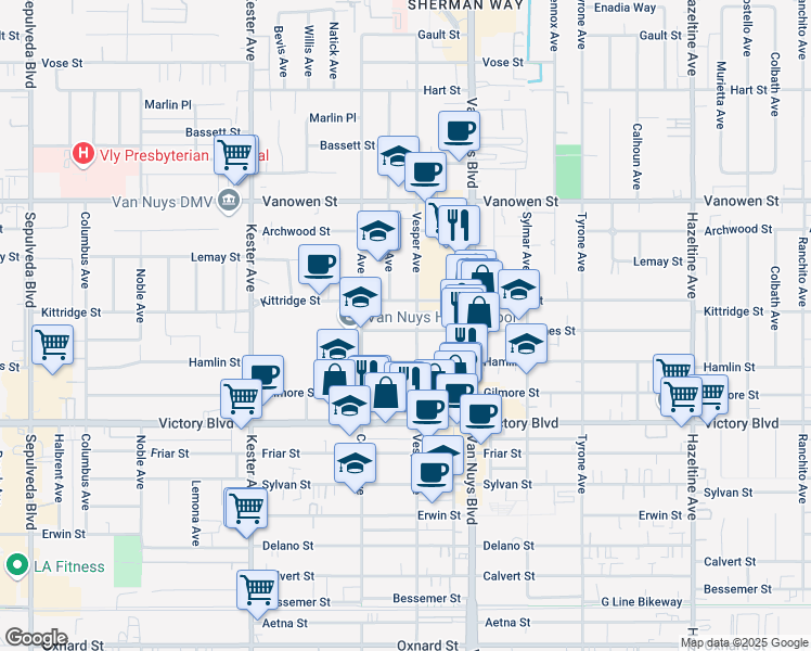 map of restaurants, bars, coffee shops, grocery stores, and more near 14526 Hartland Street in Los Angeles
