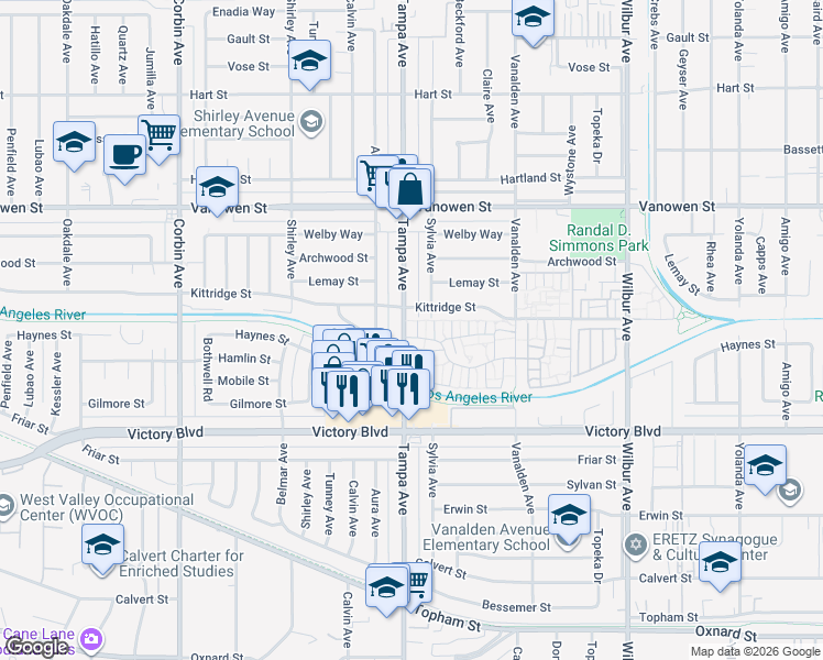 map of restaurants, bars, coffee shops, grocery stores, and more near 2 Hamlin Street in Los Angeles