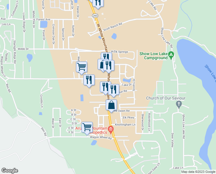 map of restaurants, bars, coffee shops, grocery stores, and more near 5448 Arizona 260 in Navajo County
