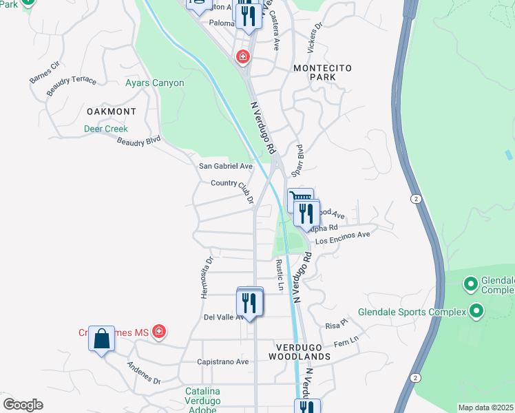 map of restaurants, bars, coffee shops, grocery stores, and more near Canada Blvd & Country Club Dr in Glendale